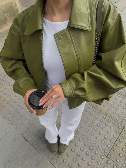 Elara Olive Vegan Leather Jacket