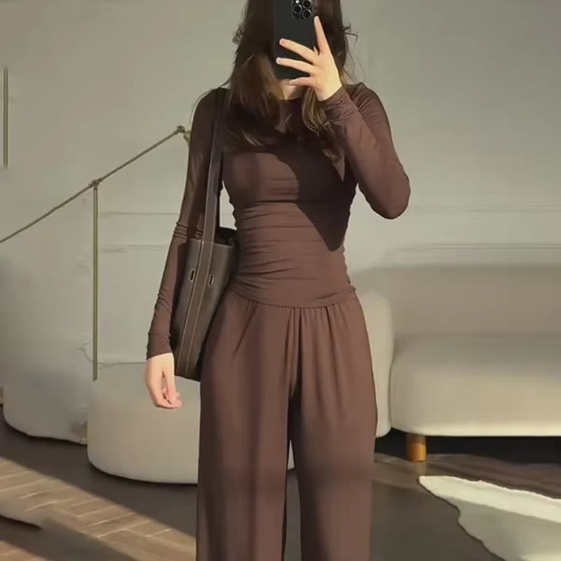 Women'S Fashionable round Neck Long Sleeve Elastic Waist Pants Set Casual Style Two-Piece Suit Autumn Collection Trendy Outfit