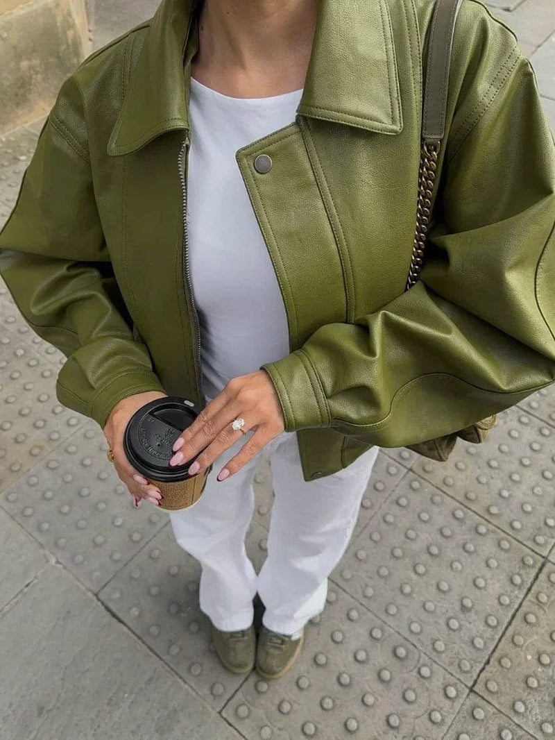 Elara Olive Vegan Leather Jacket