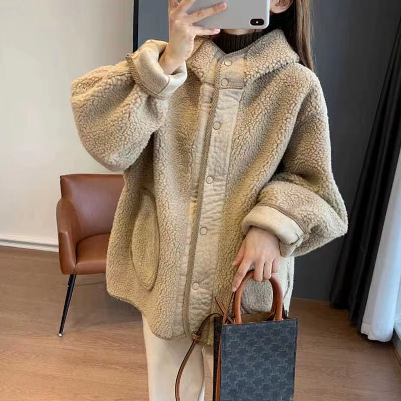 Women'S Loose Fit Button up Lamb Fur Hooded Jacket Autumn Winter Fashion Slimming Versatile Top Small Size Korean Style