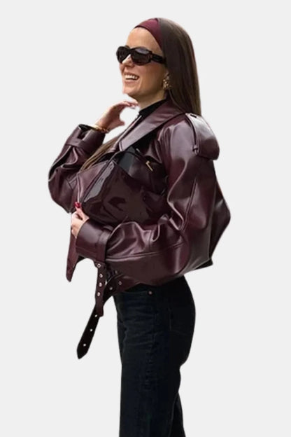 Montrose Burgundy Belted Faux Leather Jacket