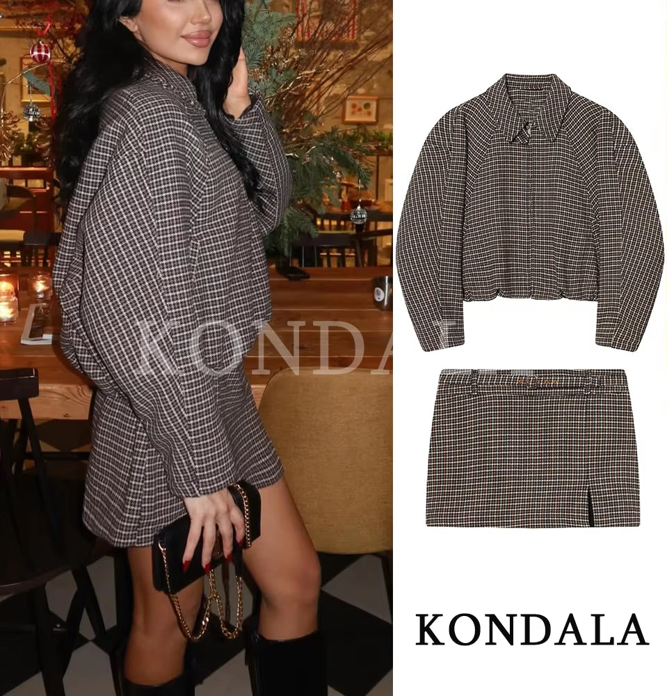 KONDALA Fall Trendy Vintage Plaid Culottes Set Women Elegant Zipper Jacket,Belt Mini Skirts Shorts 2026 Spring Casual Jacket Set