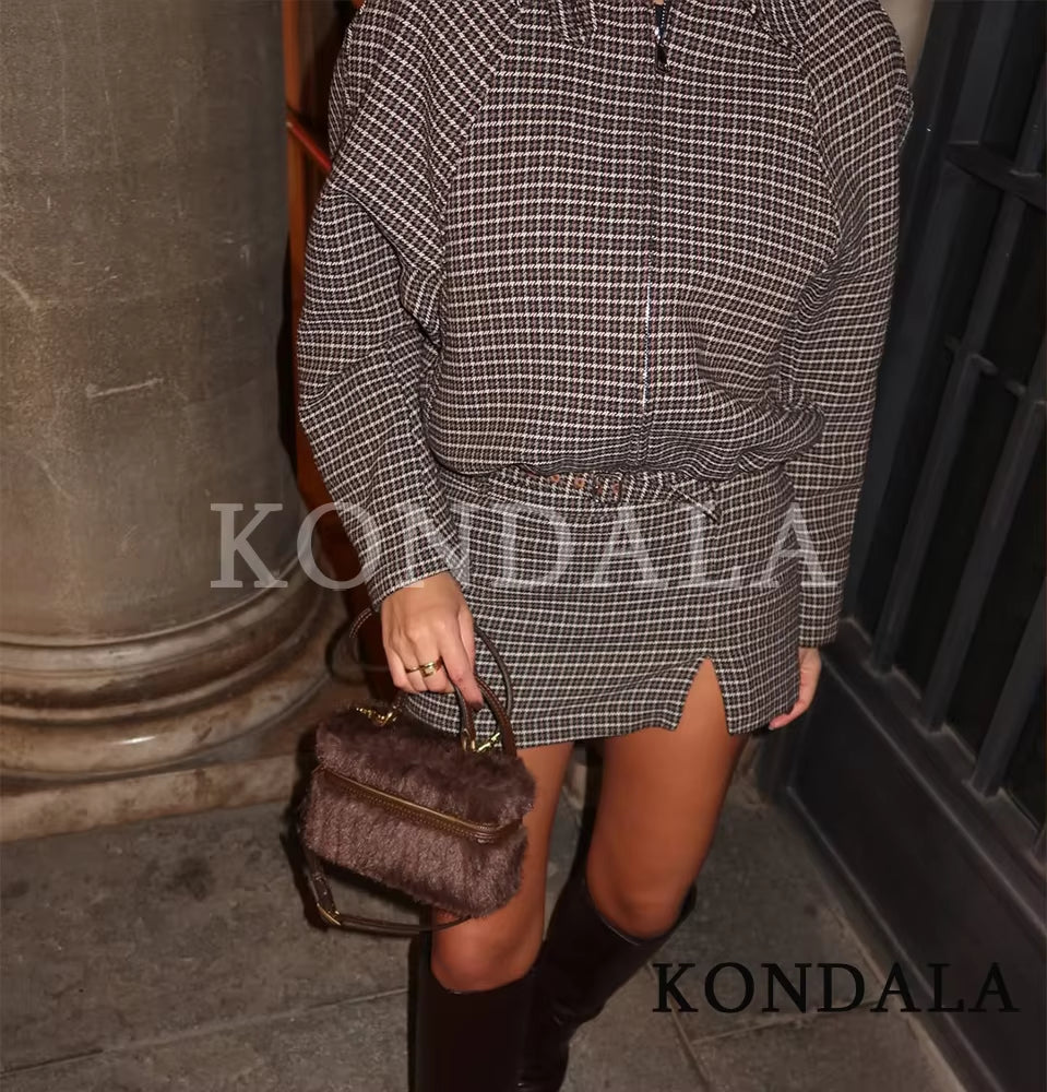 KONDALA Fall Trendy Vintage Plaid Culottes Set Women Elegant Zipper Jacket,Belt Mini Skirts Shorts 2026 Spring Casual Jacket Set