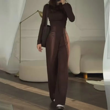 Women'S Fashionable round Neck Long Sleeve Elastic Waist Pants Set Casual Style Two-Piece Suit Autumn Collection Trendy Outfit