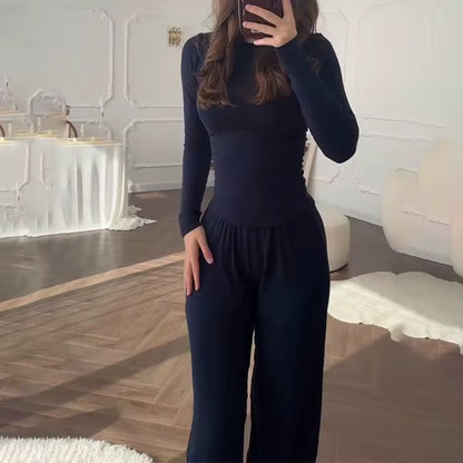 Women'S Fashionable round Neck Long Sleeve Elastic Waist Pants Set Casual Style Two-Piece Suit Autumn Collection Trendy Outfit