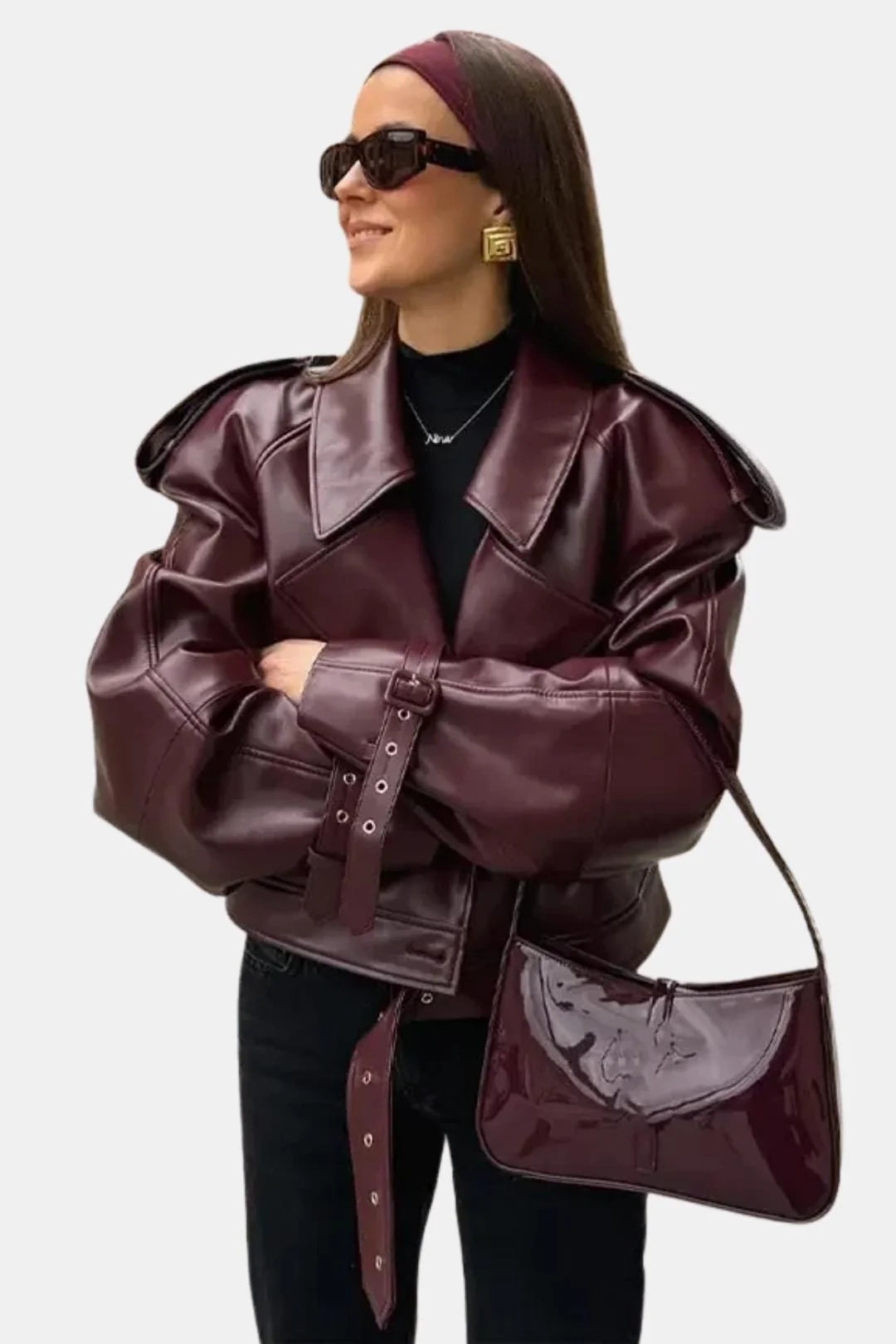 Montrose Burgundy Belted Faux Leather Jacket