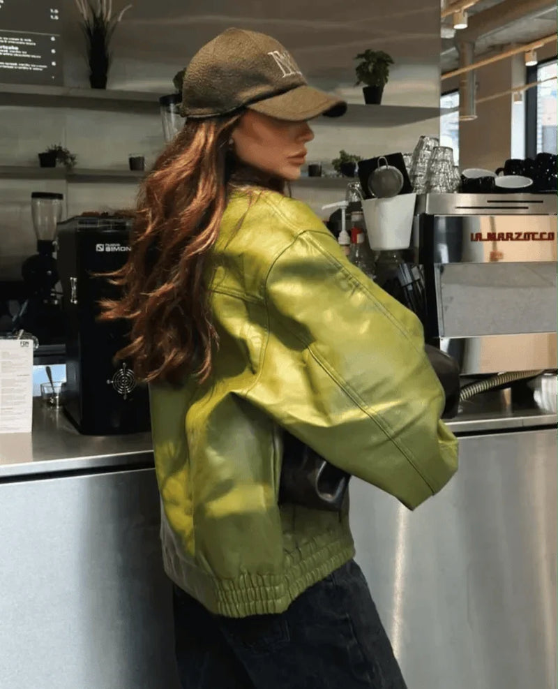 Elara Olive Vegan Leather Jacket