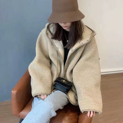 Women'S Loose Fit Button up Lamb Fur Hooded Jacket Autumn Winter Fashion Slimming Versatile Top Small Size Korean Style