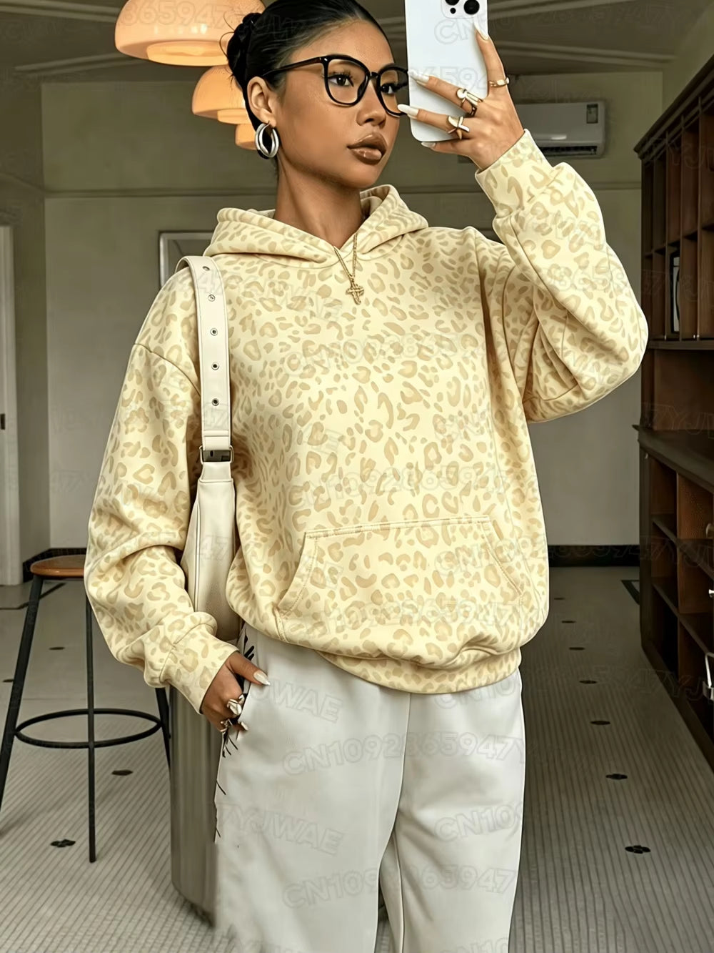 Autumn and Winter Women'S Sweatshirt Leopard Print Graphic Hooded Hoodies Unisex Pullovers Hip Hop Men Hoodie Tops