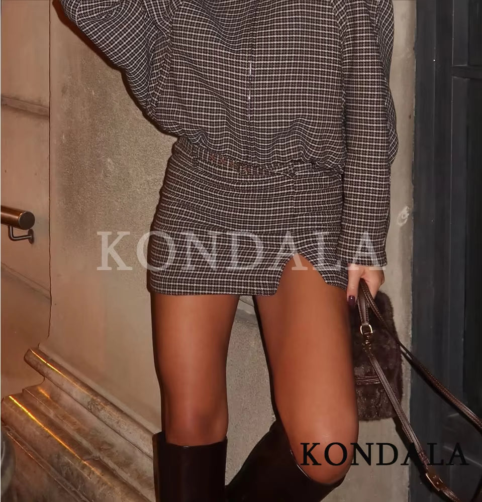 KONDALA Fall Trendy Vintage Plaid Culottes Set Women Elegant Zipper Jacket,Belt Mini Skirts Shorts 2026 Spring Casual Jacket Set