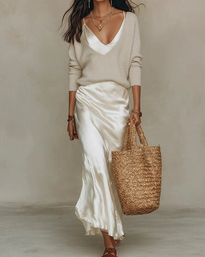 Rosalie Satin Midi & Soft-Knit Layered Set