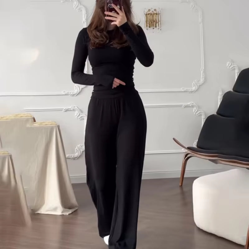 Women'S Fashionable round Neck Long Sleeve Elastic Waist Pants Set Casual Style Two-Piece Suit Autumn Collection Trendy Outfit
