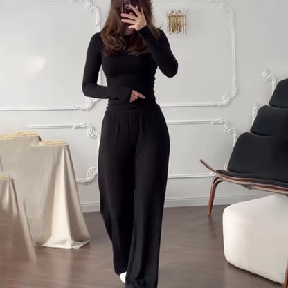 Women'S Fashionable round Neck Long Sleeve Elastic Waist Pants Set Casual Style Two-Piece Suit Autumn Collection Trendy Outfit