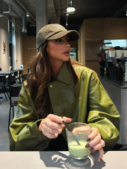 Elara Olive Vegan Leather Jacket