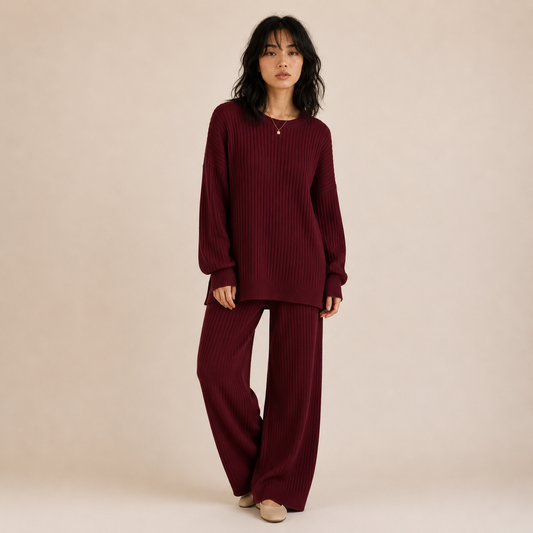 Soraious Ribbed Knit Wide-Leg Lounge Set