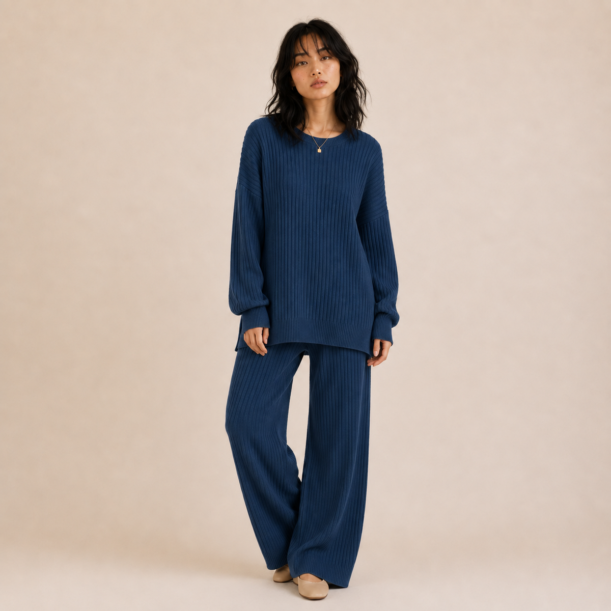 Soraious Ribbed Knit Wide-Leg Lounge Set