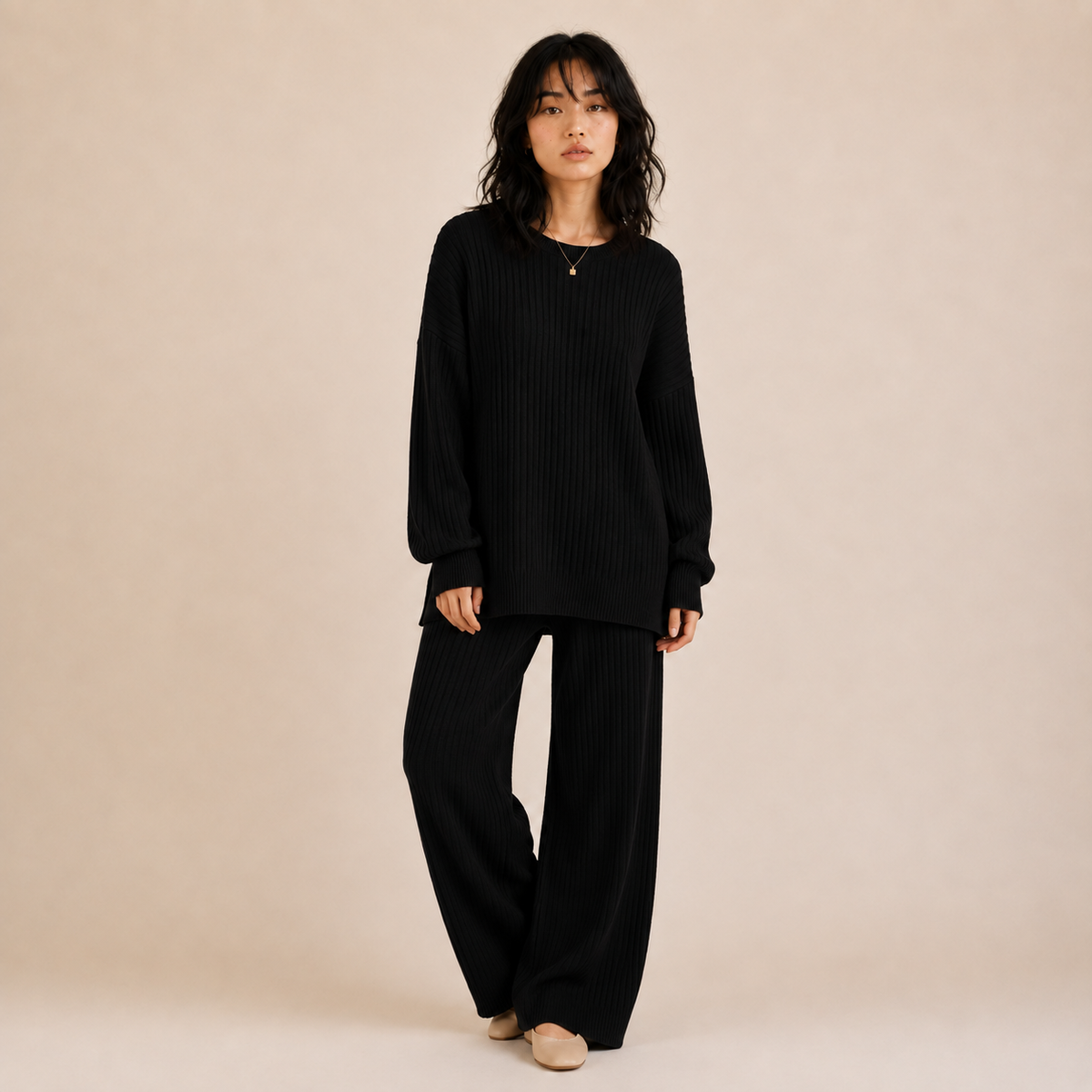 Soraious Ribbed Knit Wide-Leg Lounge Set