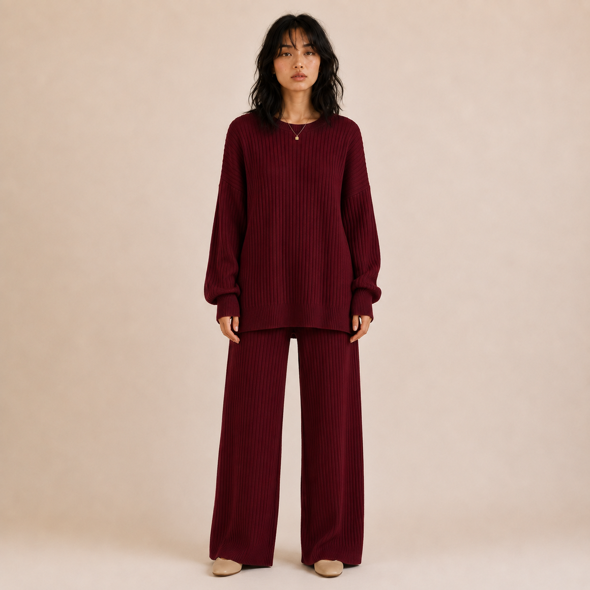 Soraious Ribbed Knit Wide-Leg Lounge Set