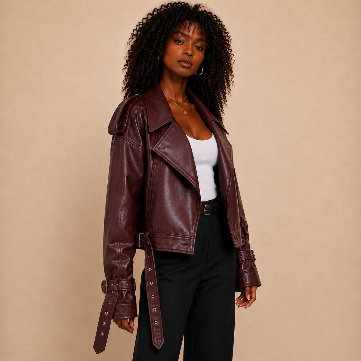 Montrose Burgundy Belted Faux Leather Jacket