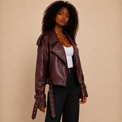 Montrose Burgundy Belted Faux Leather Jacket