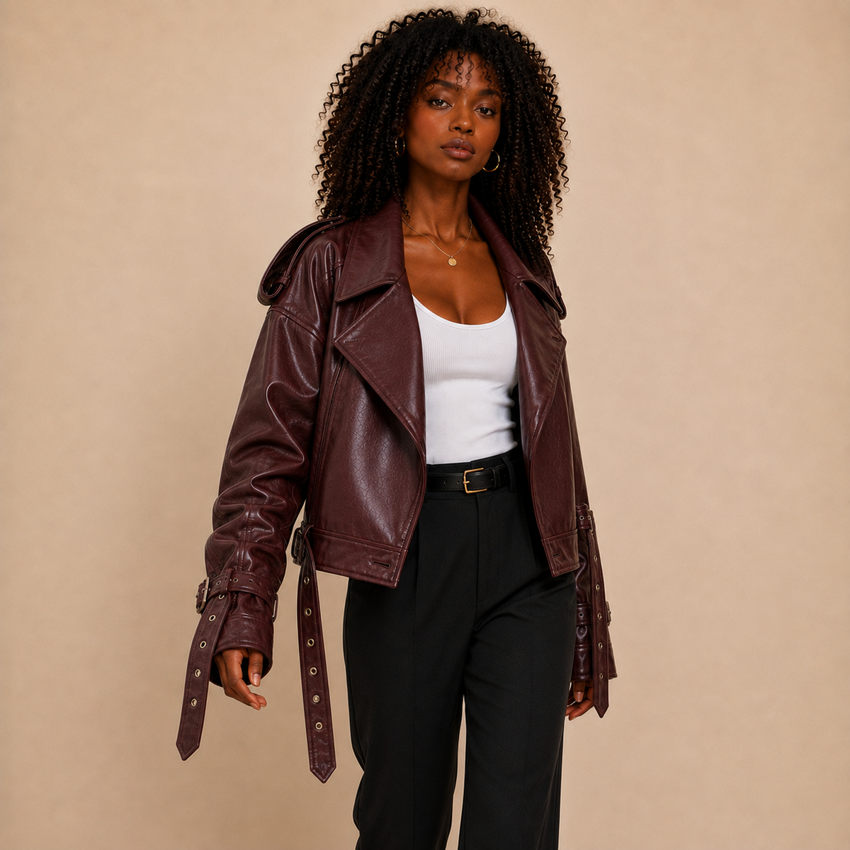 Montrose Burgundy Belted Faux Leather Jacket
