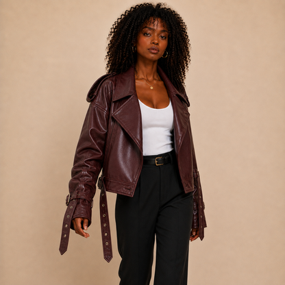 Montrose Burgundy Belted Faux Leather Jacket