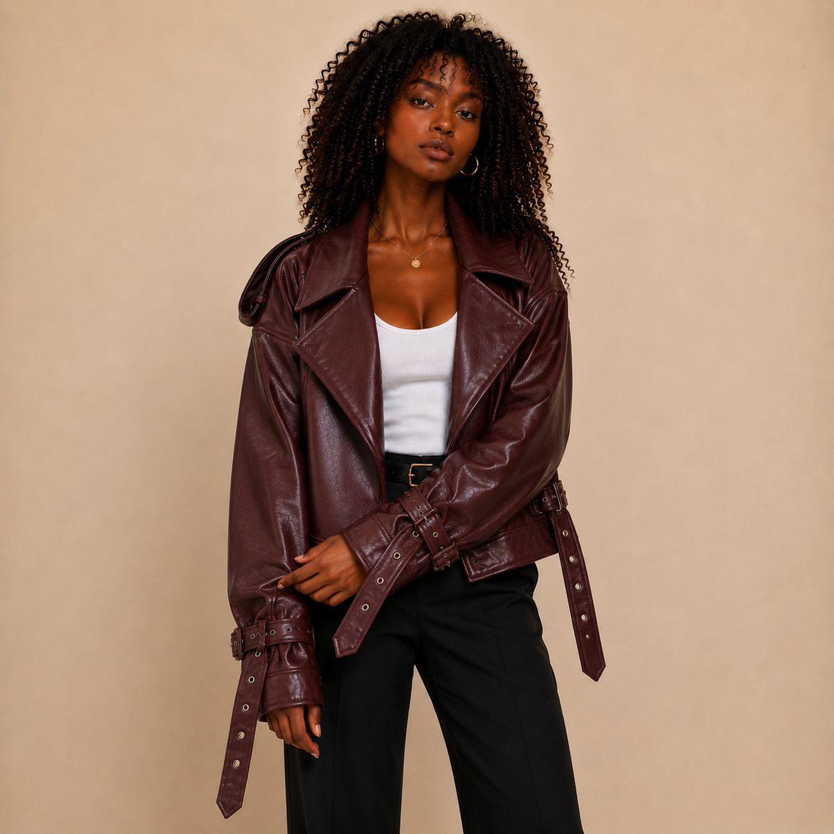 Montrose Burgundy Belted Faux Leather Jacket