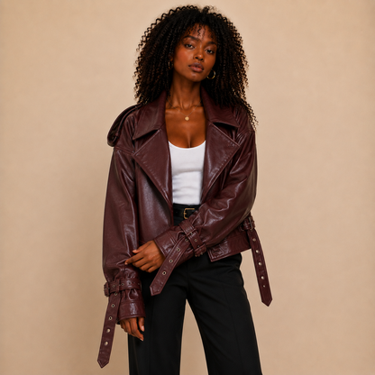 Montrose Burgundy Belted Faux Leather Jacket
