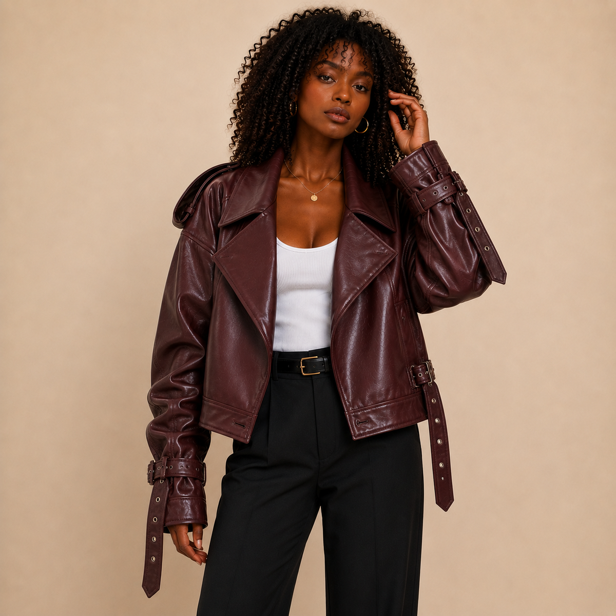 Montrose Burgundy Belted Faux Leather Jacket