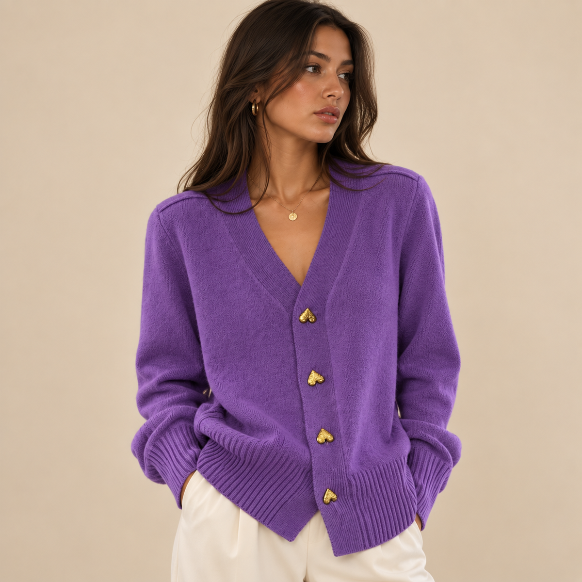 Amoura Heart-Button Knit Cardigan