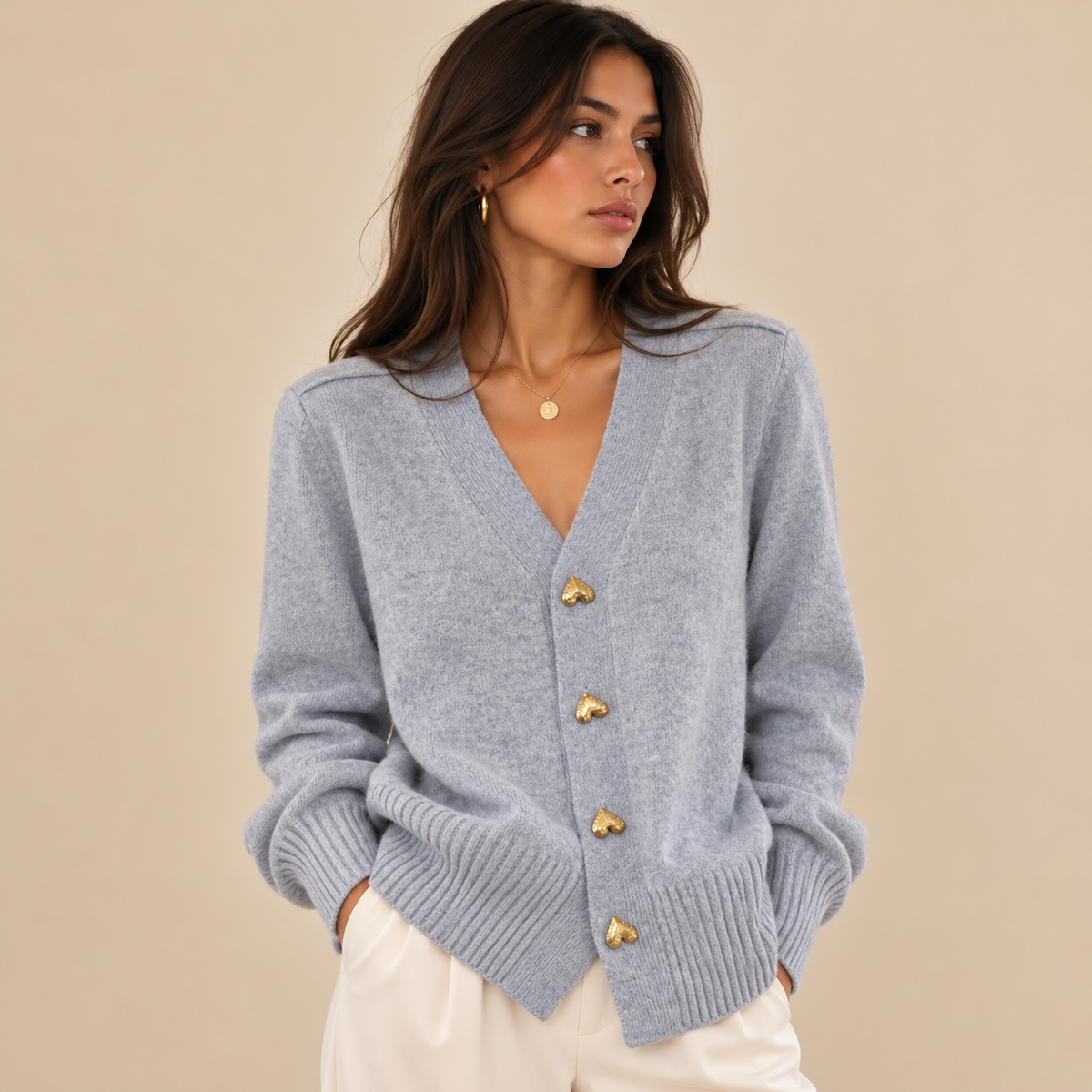 Amoura Heart-Button Knit Cardigan