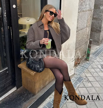 KONDALA Fall Trendy Vintage Plaid Culottes Set Women Elegant Zipper Jacket,Belt Mini Skirts Shorts 2026 Spring Casual Jacket Set