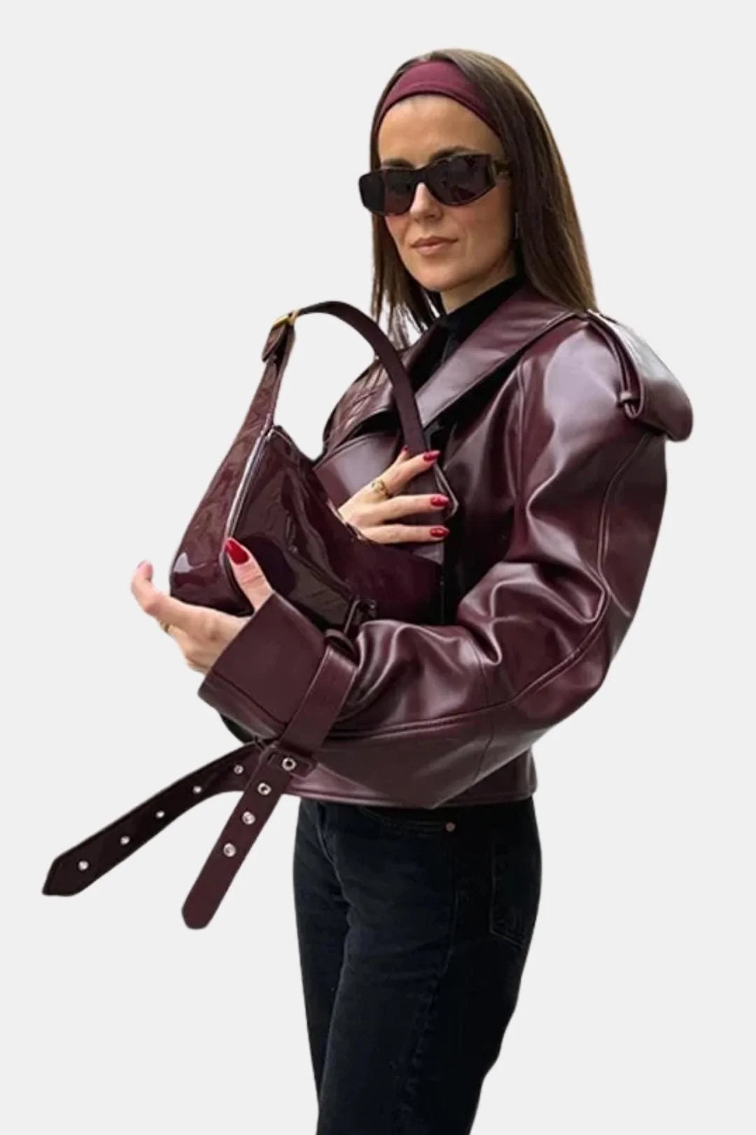 Montrose Burgundy Belted Faux Leather Jacket