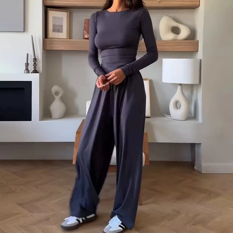 Women'S Fashionable round Neck Long Sleeve Elastic Waist Pants Set Casual Style Two-Piece Suit Autumn Collection Trendy Outfit
