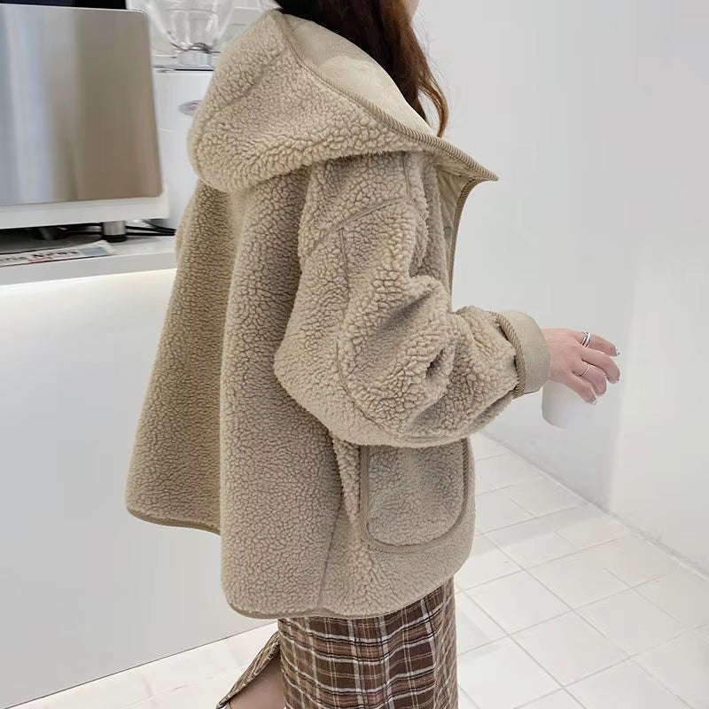 Women'S Loose Fit Button up Lamb Fur Hooded Jacket Autumn Winter Fashion Slimming Versatile Top Small Size Korean Style