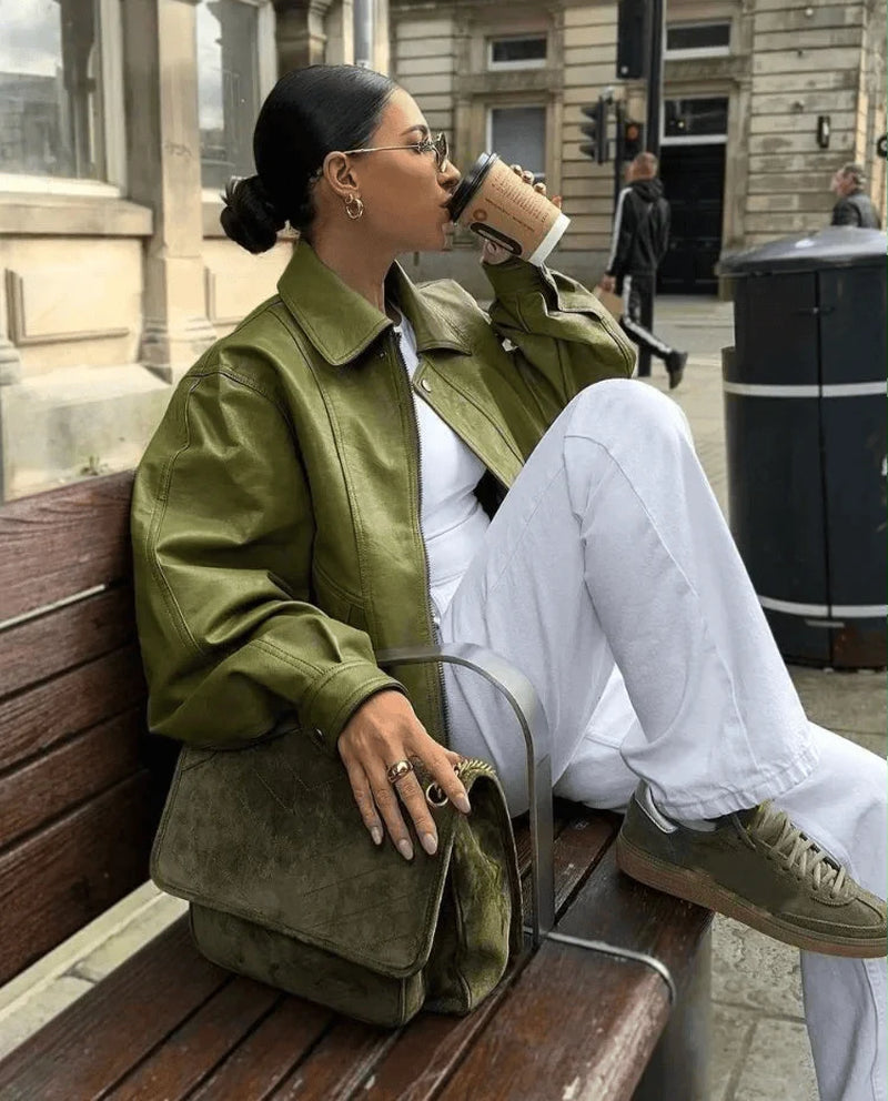 Elara Olive Vegan Leather Jacket
