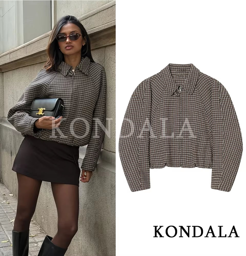 KONDALA Fall Trendy Vintage Plaid Culottes Set Women Elegant Zipper Jacket,Belt Mini Skirts Shorts 2026 Spring Casual Jacket Set