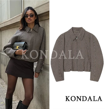 KONDALA Fall Trendy Vintage Plaid Culottes Set Women Elegant Zipper Jacket,Belt Mini Skirts Shorts 2026 Spring Casual Jacket Set